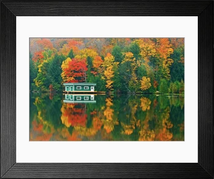 Framed Print : Boathouse and reflection in atumn Rosseau, Ontario, Canada Framed Print : Boathouse and reflection in atumn Rosseau, Ontario, Canada