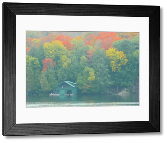 Framed Print : Boathouse in fog in autumn Muskoka, Ontario, Canada Framed Print : Boathouse in fog in autumn Muskoka, Ontario, Canada