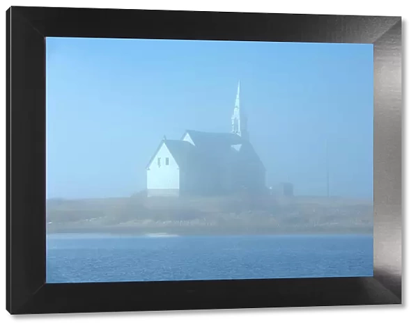 Church in fog on Long Lake Longlac, Ontario, Canada