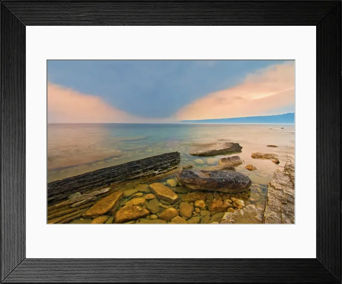 Framed Print : Morning fog on Georgian Bay. Limestone Rock. Barrow Bay. Bruce Peninsula, Ontario, Canada Framed Print : Morning fog on Georgian Bay. Limestone Rock. Barrow Bay. Bruce Peninsula, Ontario, Canada