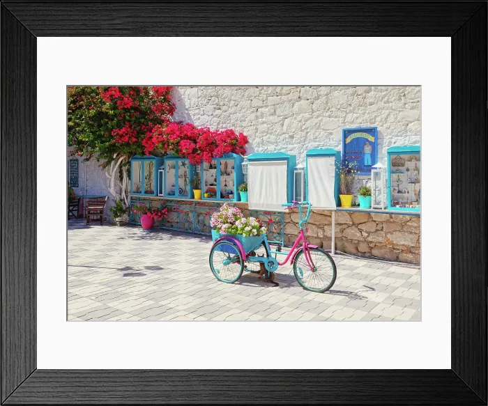 Framed Print : Bicycle filled with flowers, Adamas, Milos Island, Cyclades Islands, Greece Framed Print : Bicycle filled with flowers, Adamas, Milos Island, Cyclades Islands, Greece