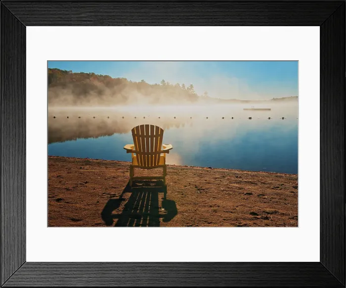 Framed Print : Muskoka chair in morning fog on sandy beach of Silent Lake Silent Lake Provincial Park, Ontario, Canada Framed Print : Muskoka chair in morning fog on sandy beach of Silent Lake Silent Lake Provincial Park, Ontario, Canada