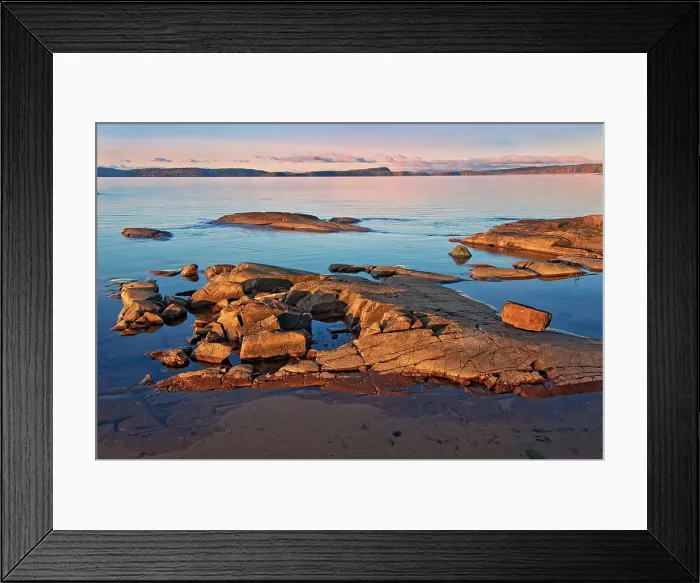 Framed Print : Rocky shoreline of Lake Superior (Great Lakes) at sunrise Rossport, Ontario, Canada