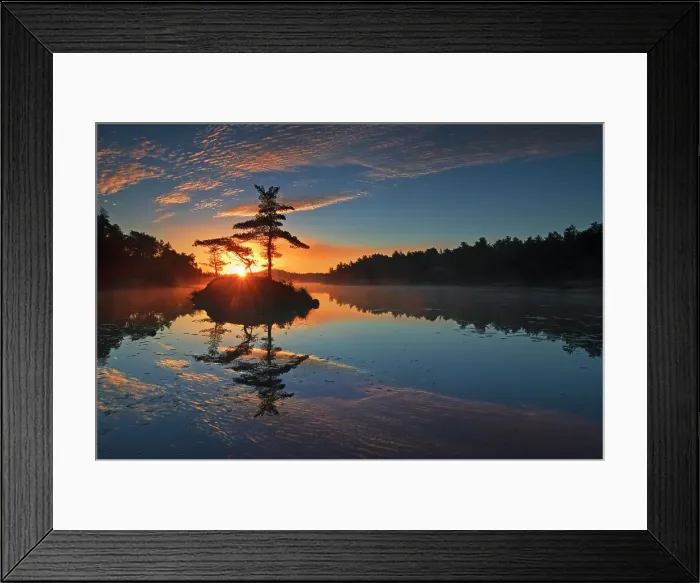 Framed Print : Sunrise over McGregor Bay with with pine trees on island (Georgian Bay) near Whitefish Falls, Ontario, Canada Framed Print : Sunrise over McGregor Bay with with pine trees on island (Georgian Bay) near Whitefish Falls, Ontario, Canada