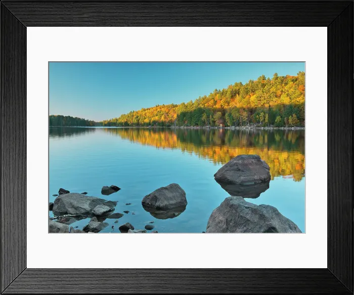 Framed Print : Hiilside of autumn colored trees reflected in Lake St. Nora Near Pine Springs, Ontario, Canada