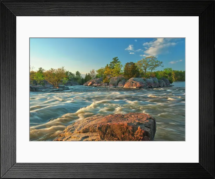 Framed Print : The flow of water narrows between Lovesick Lake and Lower Buckhorn Lake on the west and Stoney Lake to the east creating Burleigh Falls. Kawartha Lakes. Burleigh Falls, Ontario, Canada