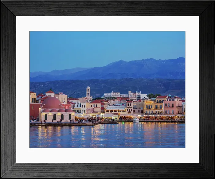 Framed Print : Old Town Waterfront and Kucuk Hasan Mosque at dusk, City of Chania, Crete, Greece Framed Print : Old Town Waterfront and Kucuk Hasan Mosque at dusk, City of Chania, Crete, Greece