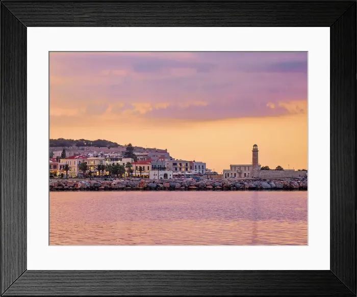Framed Print : View towards the Old Venetian Port and Fortezza Castle, dusk, City of Rethymno, Rethymno Region, Crete, Greece