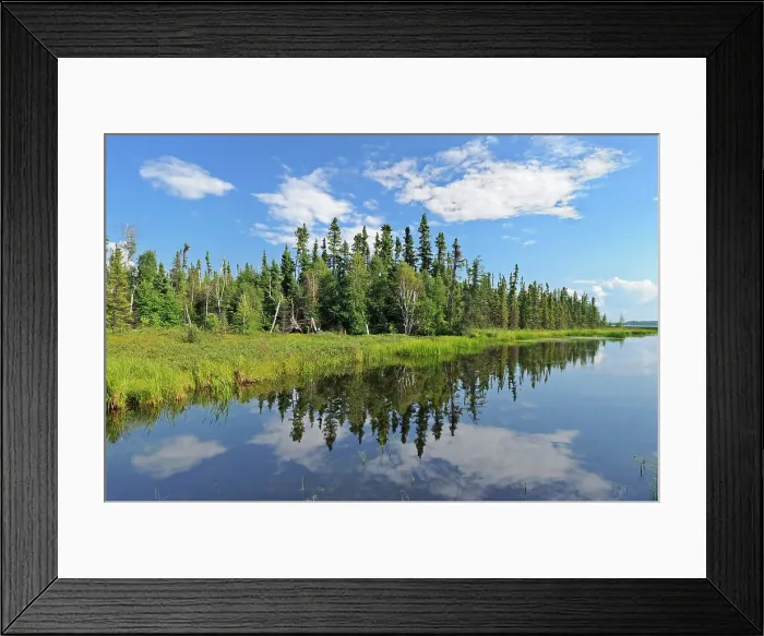 Framed Print : Clouds reflecting in Schist Lake. Flin Flon, Manitoba, Canada