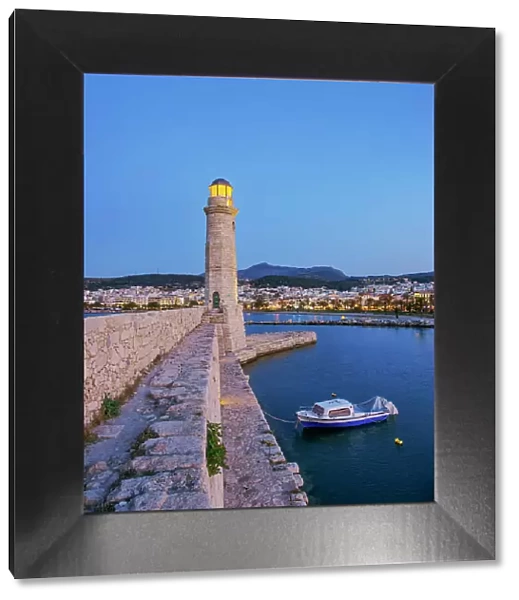 Lighthouse at the Old Venetian Port, dusk, City of Rethymno, Rethymno Region, Crete, Greece