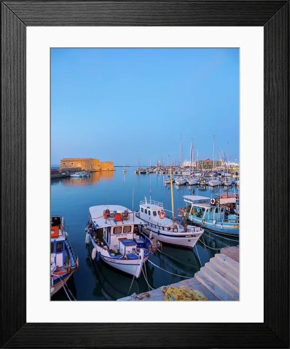 Framed Print : Old Venetian Port and The Koules Fortress at dusk, City of Heraklion, Crete, Greece