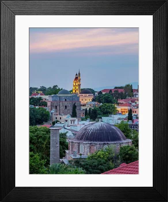 Framed Print : Recep Pasha Mosque, Sultan Mustafa Mosque, Suleiman Mosque and Clock Tower at dusk Medieval Old Town, Rhodes City, Rhodes Island, Dodecanese, Greece Framed Print : Recep Pasha Mosque, Sultan Mustafa Mosque, Suleiman Mosque and Clock Tower at dusk Medieval Old Town, Rhodes City, Rhodes Island, Dodecanese, Greece
