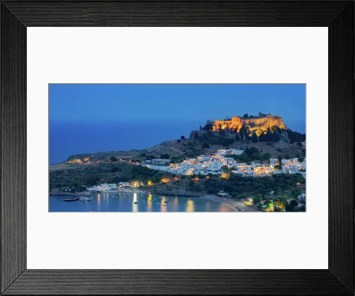 Framed Print : View towards the Acropolis of Lindos at dusk, Rhodes Island, Dodecanese, Greece Framed Print : View towards the Acropolis of Lindos at dusk, Rhodes Island, Dodecanese, Greece