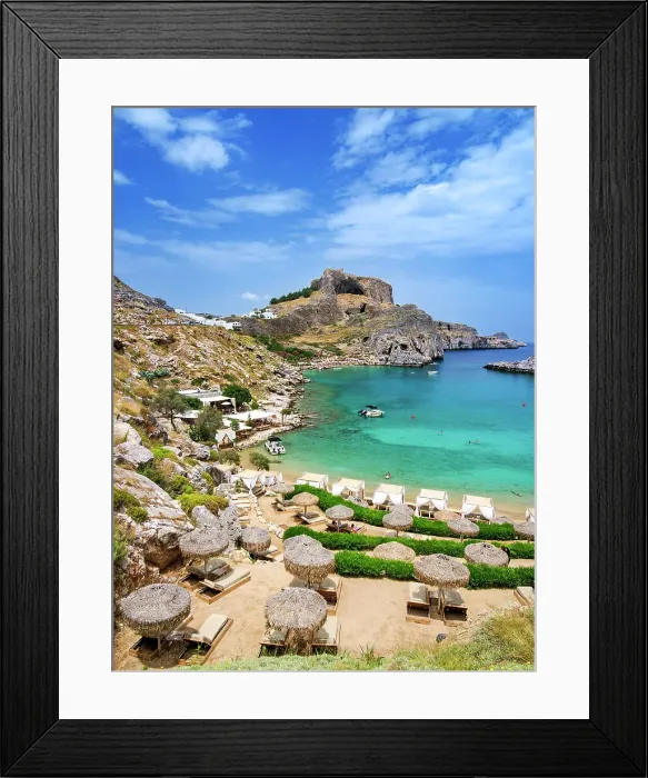 Framed Print : St Paul's Bay Beach and Acropolis of Lindos, Rhodes Island, Dodecanese, Greece Framed Print : St Paul's Bay Beach and Acropolis of Lindos, Rhodes Island, Dodecanese, Greece