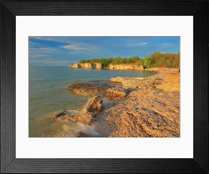 Framed Print : Limestone cliffs along Lake Manitoba at sunset, Steeprock, Manitoba, Canada Framed Print : Limestone cliffs along Lake Manitoba at sunset, Steeprock, Manitoba, Canada