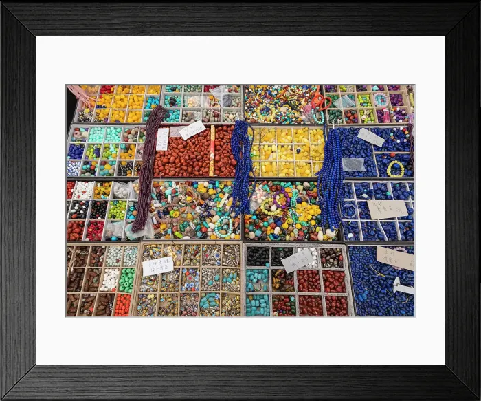 Framed Print : Beads displayed on stall at Panjiayuan Market, Beijing, China Framed Print : Beads displayed on stall at Panjiayuan Market, Beijing, China