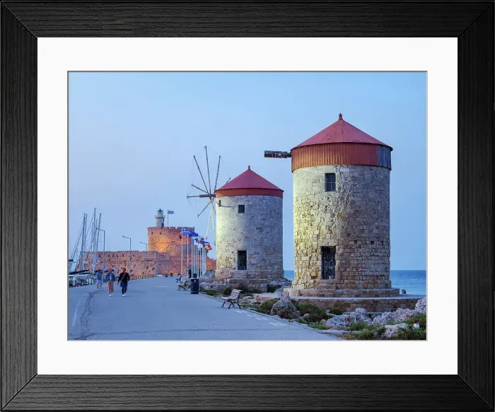 Framed Print : Windmills and Saint Nicholas Fortress at dusk, Rhodes City, Rhodes Island, Dodecanese, Greece Framed Print : Windmills and Saint Nicholas Fortress at dusk, Rhodes City, Rhodes Island, Dodecanese, Greece