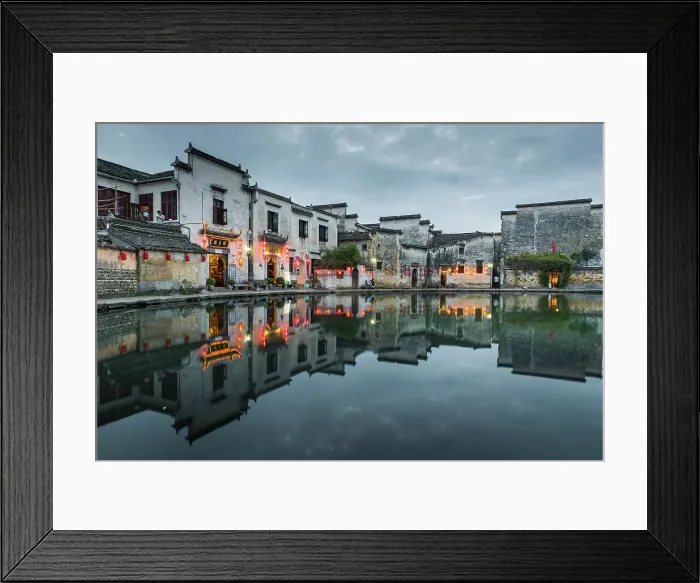 Framed Print : Village buildings reflected in pond, Hongcun, China Framed Print : Village buildings reflected in pond, Hongcun, China