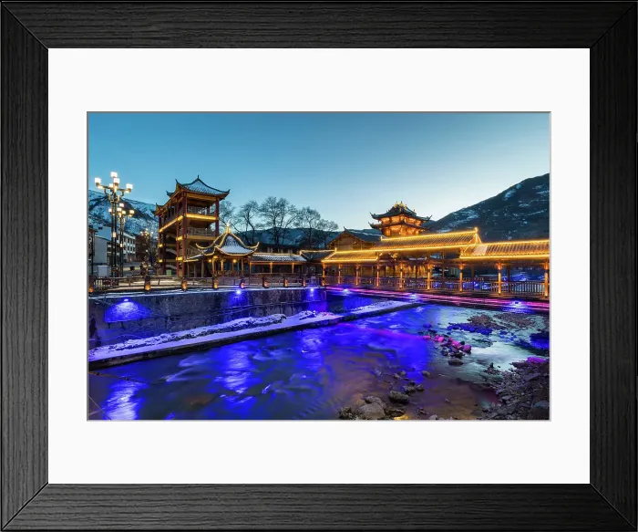 Framed Print : Covered bridge at dusk, Songpan, China Framed Print : Covered bridge at dusk, Songpan, China