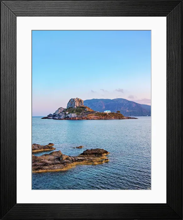 Framed Print : Kastri Island seen from Agios Stefanos Beach at sunset, Kamari Bay, Kos Island, Dodecanese, Greece Framed Print : Kastri Island seen from Agios Stefanos Beach at sunset, Kamari Bay, Kos Island, Dodecanese, Greece