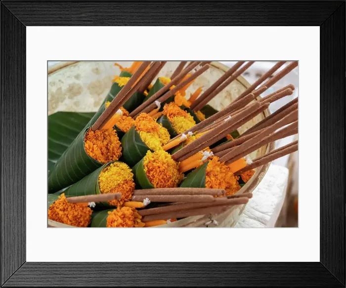 Framed Print : Marigold offering at a temple in Luang Prabang (ancient capital of Laos on the Mekong river), Laos Framed Print : Marigold offering at a temple in Luang Prabang (ancient capital of Laos on the Mekong river), Laos