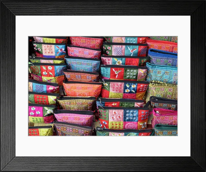 Framed Print : Souvenir bags in the market at uang Prabang (ancient capital of Laos on the Mekong river), Laos Framed Print : Souvenir bags in the market at uang Prabang (ancient capital of Laos on the Mekong river), Laos