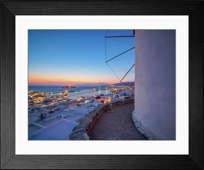 Framed Print : Boni's Windmill and Chora at dusk, Mykonos Town, Mykonos Island, Cyclades, Greece
