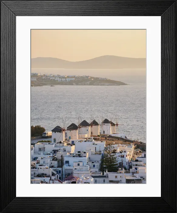 Framed Print : Chora Windmills at sunset, elevated view, Mykonos Town, Mykonos Island, Cyclades, Greece Framed Print : Chora Windmills at sunset, elevated view, Mykonos Town, Mykonos Island, Cyclades, Greece