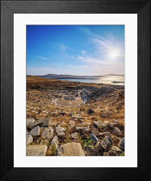 Framed Print : Ancient Theatre, elevated view, Delos Archaeological Site, Delos Island, Cyclades, Greece Framed Print : Ancient Theatre, elevated view, Delos Archaeological Site, Delos Island, Cyclades, Greece