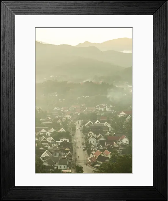 Framed Print : Misty morning view over Luang Prabang (ancient capital of Laos on the Mekong river), Laos Framed Print : Misty morning view over Luang Prabang (ancient capital of Laos on the Mekong river), Laos