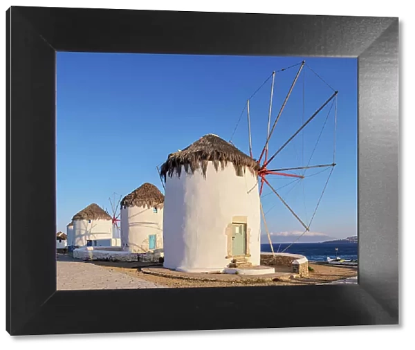 Chora Windmills at sunrise, Mykonos Town, Mykonos Island, Cyclades, Greece