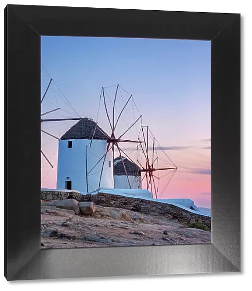 Chora Windmills at dusk, Mykonos Town, Mykonos Island, Cyclades, Greece