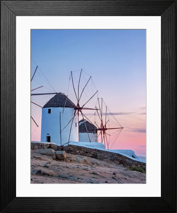 Framed Print : Chora Windmills at dusk, Mykonos Town, Mykonos Island, Cyclades, Greece