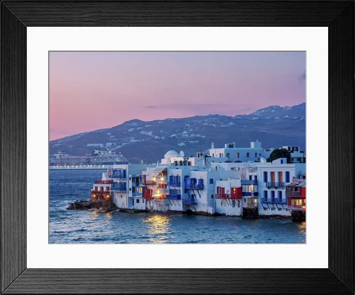 Framed Print : Little Venice at dusk, elevated view, Chora, Mykonos Town, Mykonos Island, Cyclades, Greece Framed Print : Little Venice at dusk, elevated view, Chora, Mykonos Town, Mykonos Island, Cyclades, Greece