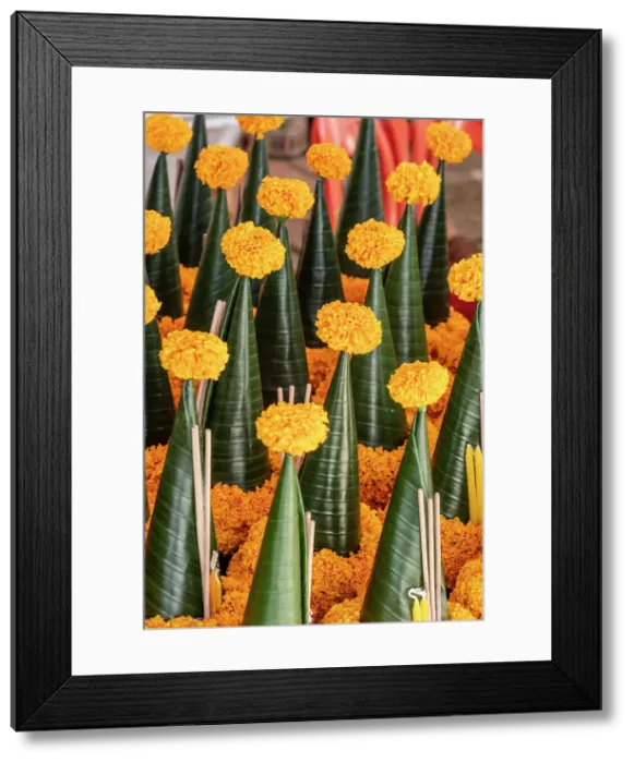 Framed Print : Marigold temple offerings, Wat Xiengthong, Luang Prabang (ancient capital of Laos on the Mekong river), Laos Framed Print : Marigold temple offerings, Wat Xiengthong, Luang Prabang (ancient capital of Laos on the Mekong river), Laos