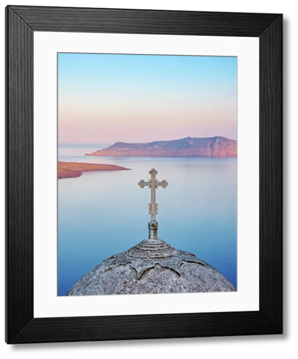 Framed Print : Cupola of the St. John the Theologian Holy Orthodox Church and Caldera at sunrise, Fira, Santorini or Thira Island, Cyclades, Greece Framed Print : Cupola of the St. John the Theologian Holy Orthodox Church and Caldera at sunrise, Fira, Santorini or Thira Island, Cyclades, Greece