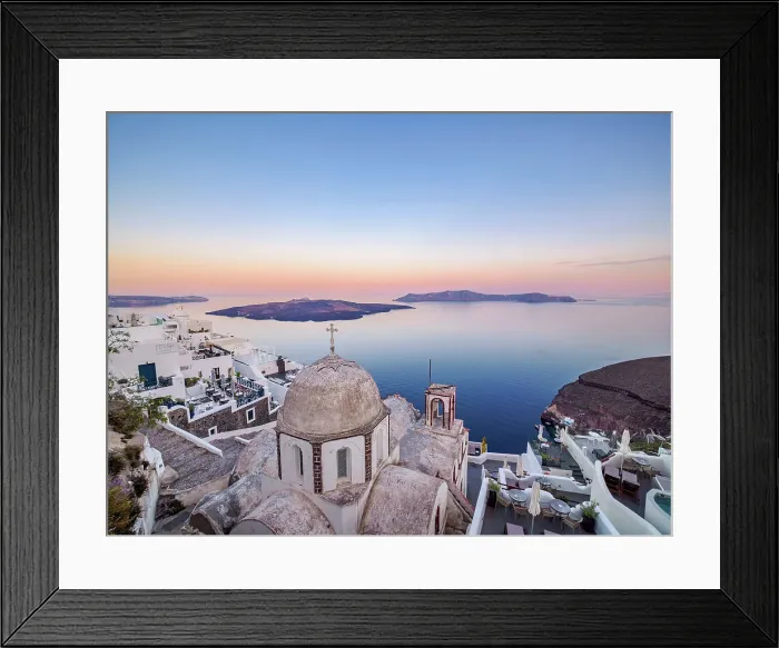 Framed Print : St. John the Theologian Holy Orthodox Church at dawn, elevated view, Fira, Santorini or Thira Island, Cyclades, Greece Framed Print : St. John the Theologian Holy Orthodox Church at dawn, elevated view, Fira, Santorini or Thira Island, Cyclades, Greece