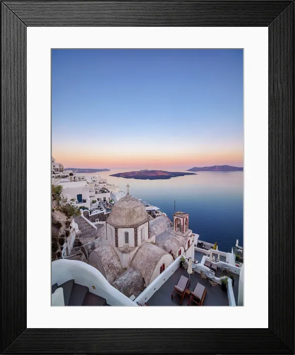 Framed Print : St. John the Theologian Holy Orthodox Church at dawn, elevated view, Fira, Santorini or Thira Island, Cyclades, Greece