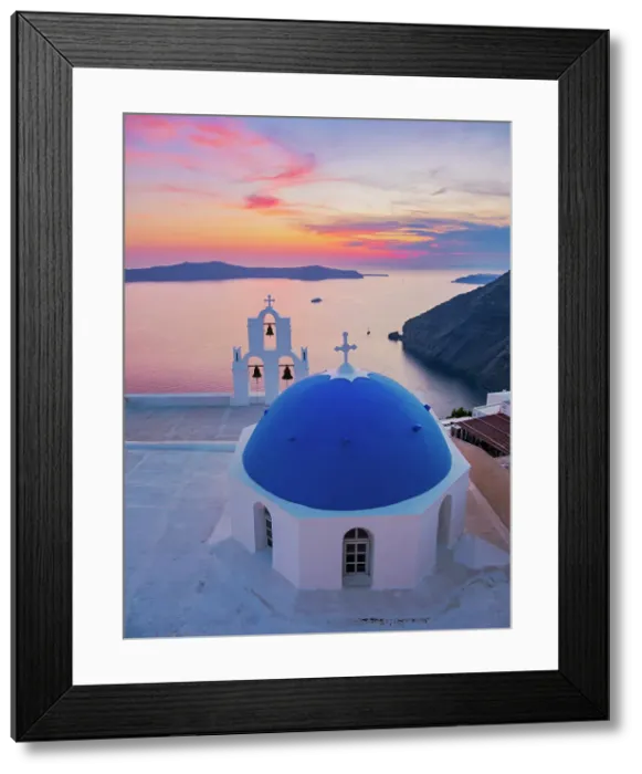 Framed Print : Three Bells of Fira, iconic blue domed church at sunset, Fira, Santorini or Thira Island, Cyclades, Greece Framed Print : Three Bells of Fira, iconic blue domed church at sunset, Fira, Santorini or Thira Island, Cyclades, Greece