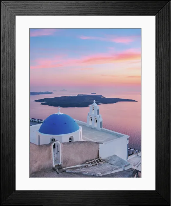 Framed Print : Three Bells of Fira, iconic blue domed church at sunset, Fira, Santorini or Thira Island, Cyclades, Greece Framed Print : Three Bells of Fira, iconic blue domed church at sunset, Fira, Santorini or Thira Island, Cyclades, Greece
