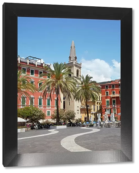 The clock tower of the San Rocco oratory in the 'Piazza Garibaldi' main square of the historical cask of Lerici, La Spezia, Liguria, Italy