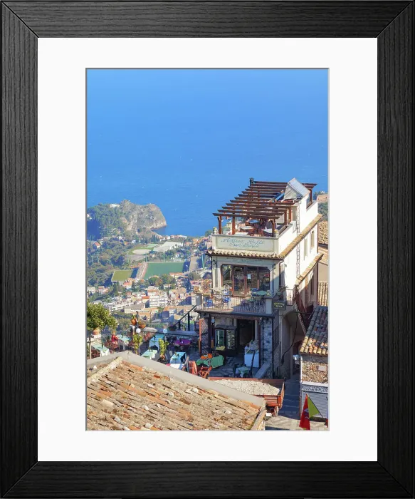Framed Print : View of Taormina and the Ionian coast from Castelmola main square, Castelmola, Taormina, Sicily, Italy Framed Print : View of Taormina and the Ionian coast from Castelmola main square, Castelmola, Taormina, Sicily, Italy