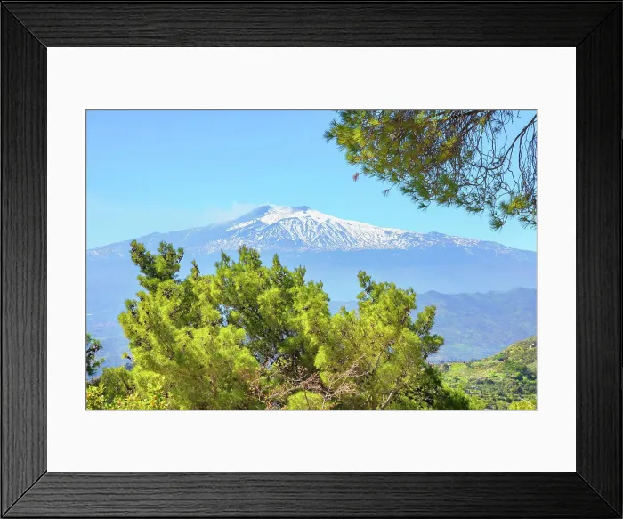 Framed Print : View of mount Etna from Castelmola village, Castelmola, Taormina, Sicily, Italy