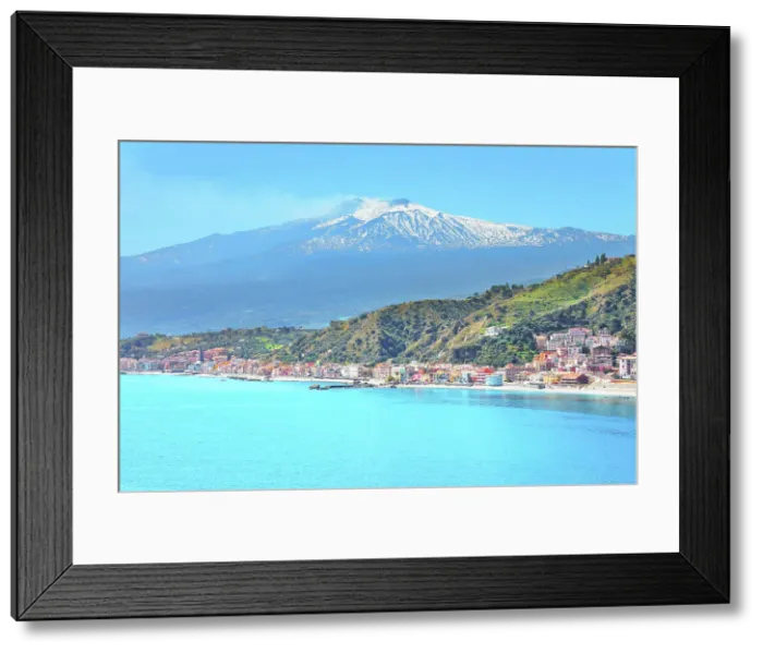 Framed Print : View of the Ionian coast and mount Etna in the distance, Taormina, Sicily, Italy Framed Print : View of the Ionian coast and mount Etna in the distance, Taormina, Sicily, Italy