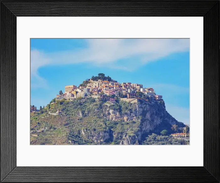 Framed Print : View of Castelmola village perched on a hill, Castelmola, Taormina, Sicily, Italy Framed Print : View of Castelmola village perched on a hill, Castelmola, Taormina, Sicily, Italy