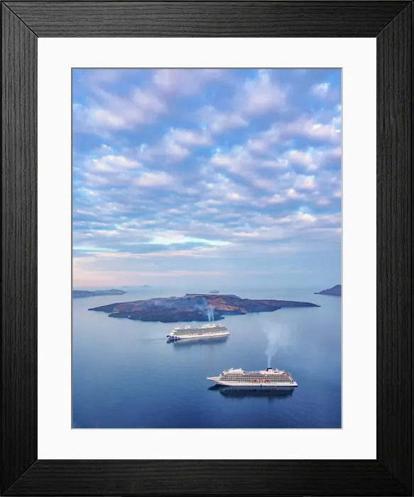 Framed Print : Cruise Ships at the caldera seen from Fira, Santorini or Thira Island, Cyclades, Greece Framed Print : Cruise Ships at the caldera seen from Fira, Santorini or Thira Island, Cyclades, Greece