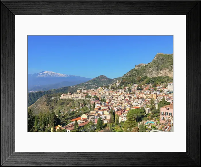 Framed Print : View of Taormina and mount Etna in the distance, Taormina, Sicily, Italy Framed Print : View of Taormina and mount Etna in the distance, Taormina, Sicily, Italy