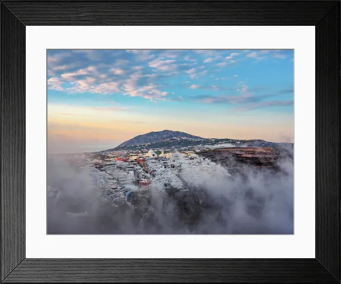 Framed Print : Cityscape of Fira at foggy sunrise, Santorini or Thira Island, Cyclades, Greece Framed Print : Cityscape of Fira at foggy sunrise, Santorini or Thira Island, Cyclades, Greece