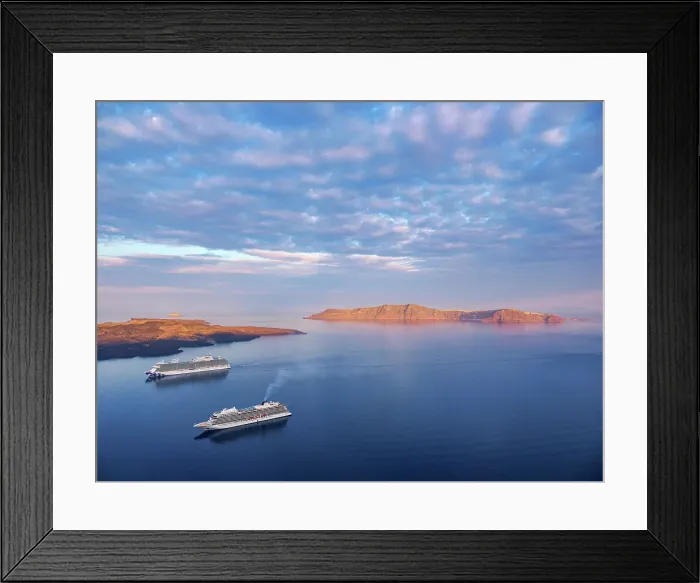 Framed Print : Cruise Ships at the caldera seen from Fira, sunrise, Santorini or Thira Island, Cyclades, Greece Framed Print : Cruise Ships at the caldera seen from Fira, sunrise, Santorini or Thira Island, Cyclades, Greece