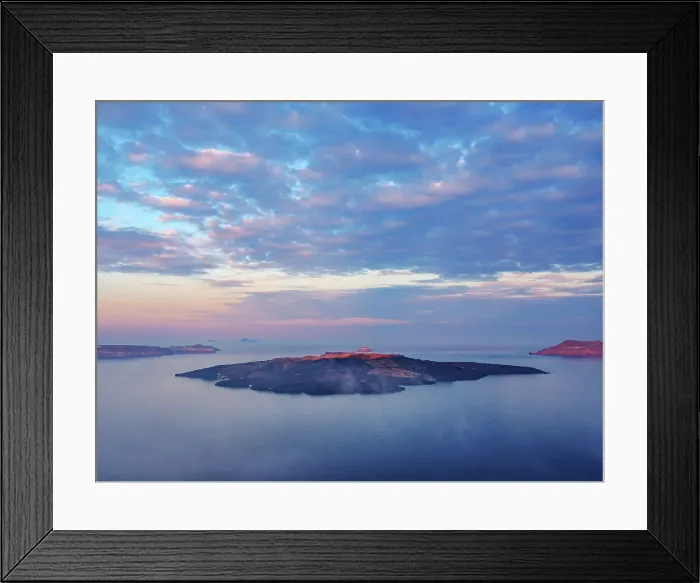 Framed Print : Nea Kameni Volcano and the caldera at sunrise seen from Fira, Santorini or Thira Island, Cyclades, Greece Framed Print : Nea Kameni Volcano and the caldera at sunrise seen from Fira, Santorini or Thira Island, Cyclades, Greece